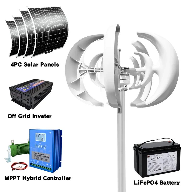 Windturbine – Verticale As Windmolen – Windenergie Generator – Duurzame Energie – Windmolen – 5000 Watt Vermogen – Weerbestendig IP54 - 48V - Met Batterijsysteem