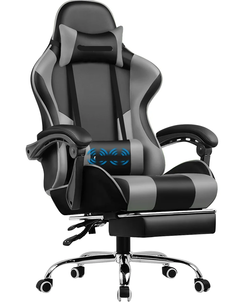 Gamingstoel – Bureaustoel – Massagestoel – Ergonomische Stoel – Voetensteun – Massagefunctie – Verstelbare Rugleuning - Grijs