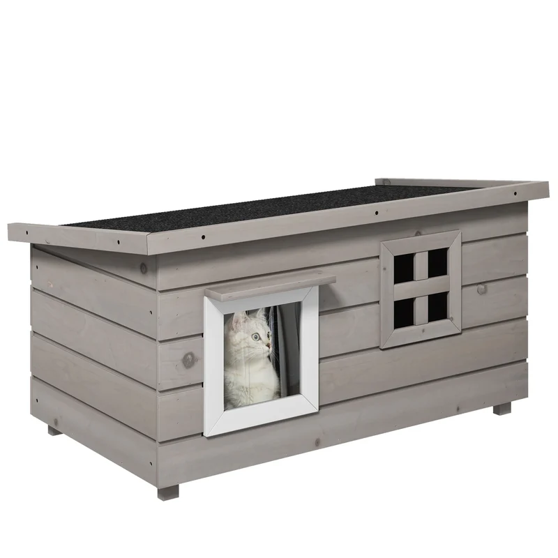 Kattenhuis – Kattenhut – Kattenhok – Kattenmand – Kattenverblijf – Weerbestendig Asfalt Dak – Gemaakt van Grijs Vurenhout