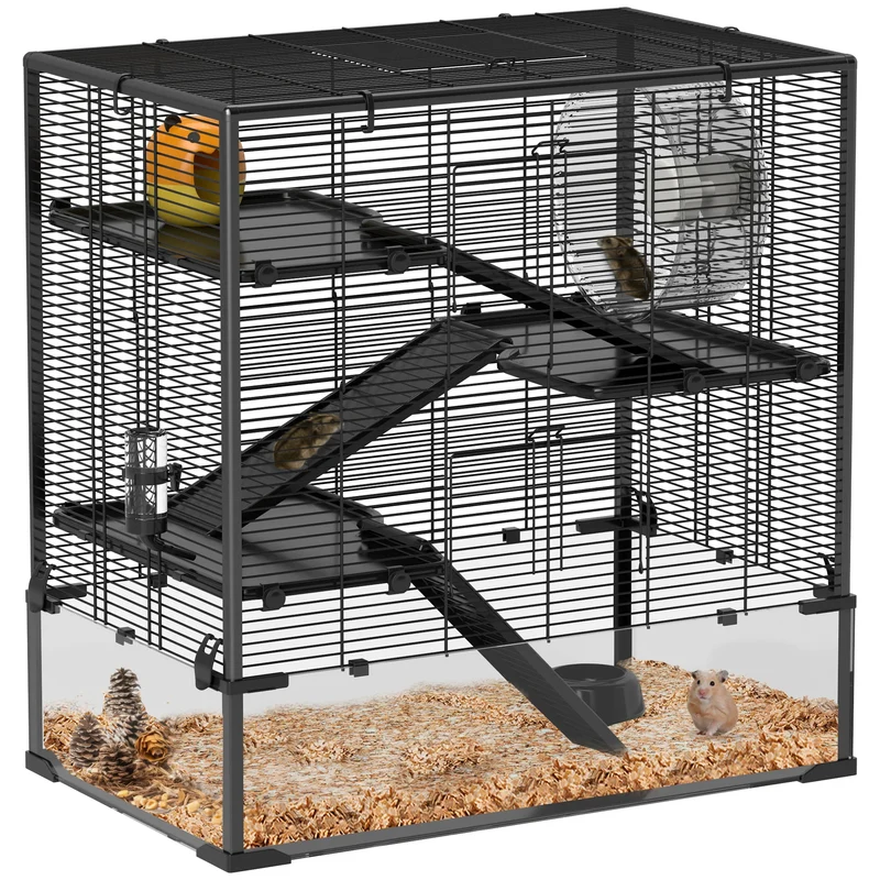Dwerg Hamsterkooi – Knaagdierkooi – Hamsterkooi – Kleine Dierkooi – Rodent Cage – Zwart – 4 Verdiepingen – Gehard Glazen Bodem