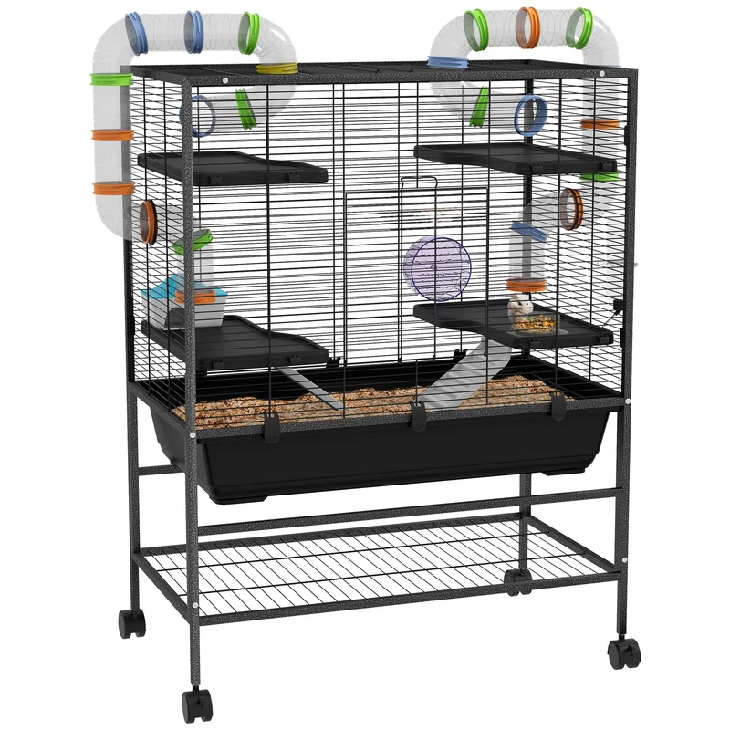 Knaagdierkooi – Hamsterkooi – Knaagdierverblijf – Kooi Met Buisjes – Dierenkooi – Ruim 109x82x46 cm – Inclusief Loopwiel & Waterfles – Zwart