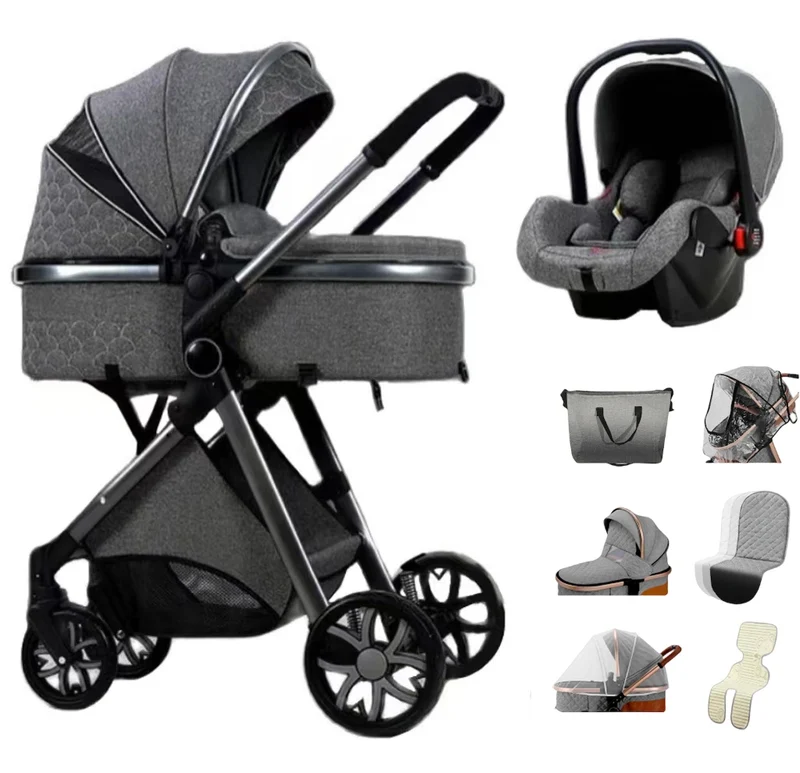 3-In-1 Kinderwagen – Reiswieg – Autostoeltje – Wandelwagen – Compact Opvouwbaar – Roestvrij Staal Frame – Geschikt Vanaf Geboorte - Donkergrijs