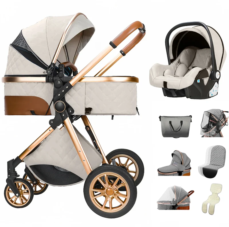 3-In-1 Kinderwagen – Reiswieg – Autostoeltje – Wandelwagen – Compact Opvouwbaar – Roestvrij Staal Frame – Geschikt Vanaf Geboorte - Beige