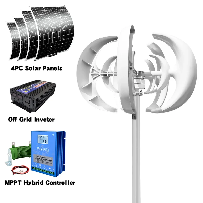 Windturbine – Verticale As Windmolen – Windenergie Generator – Duurzame Energie – Windmolen – 5000 Watt Vermogen – Weerbestendig IP54 - 48V - Met Zonnestelsel