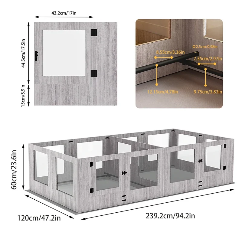 Hondenbench – Hondenbox – Puppybench – Hondenkennel – Tempered Glas – MDF Panelen – Waterdichte Mat - 239.2x120x60cm
