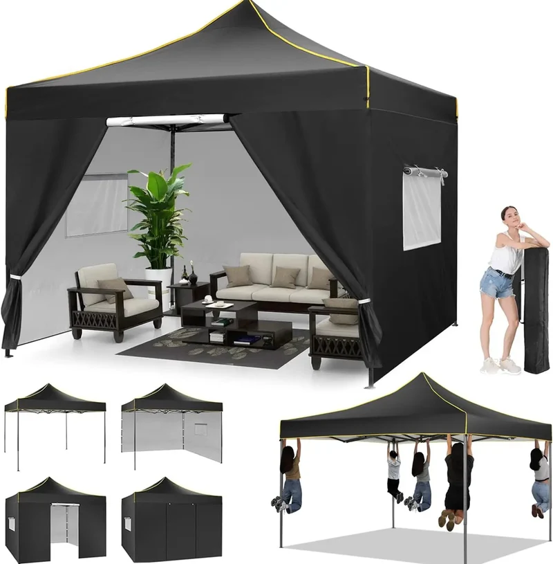 3x3m Pop-Up Partytent – Tuinentent – Evenemententent – Marktstandtent – Campingtent – Waterdicht 410D Oxford – Roestbestendig Frame - Zwart