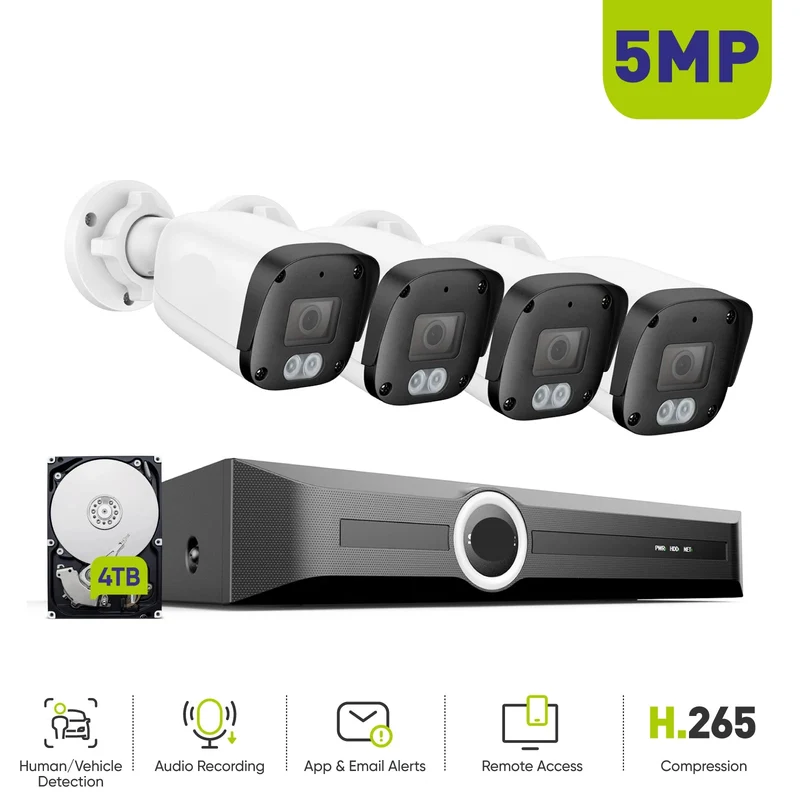 Complete 4-Camera Bewakingsset – Beveiligingssysteem – CCTV Camera – Veiligheidssysteem – 5MP Beeldkwaliteit – Nachtzicht Tot 30 Meter - Ingebouwde HDD: 2T