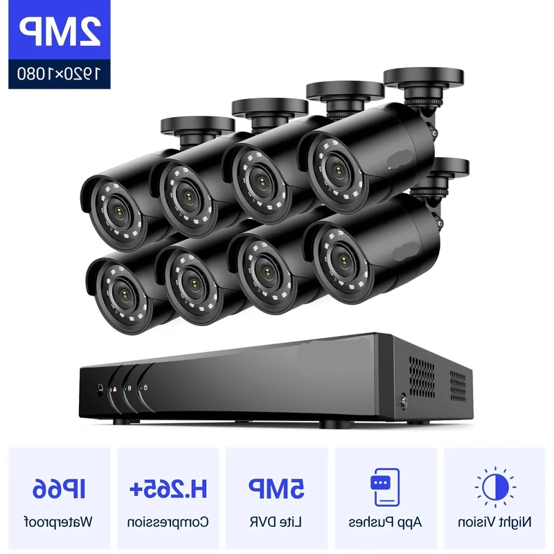 8-Kanaals Beveiligingscamera Set – HD Camera Set – Bewakingscamera – Nachtzicht Camera – Weersbestendig – 1080p Full HD – 6TB Opslag - Ingebouwde HDD: Geen