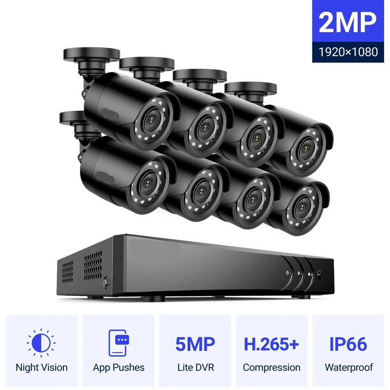 8-Kanaals Beveiligingscamera Set – HD Camera Set – Bewakingscamera – Nachtzicht Camera – Weersbestendig – 1080p Full HD – 6TB Opslag - Ingebouwde HDD: 2T