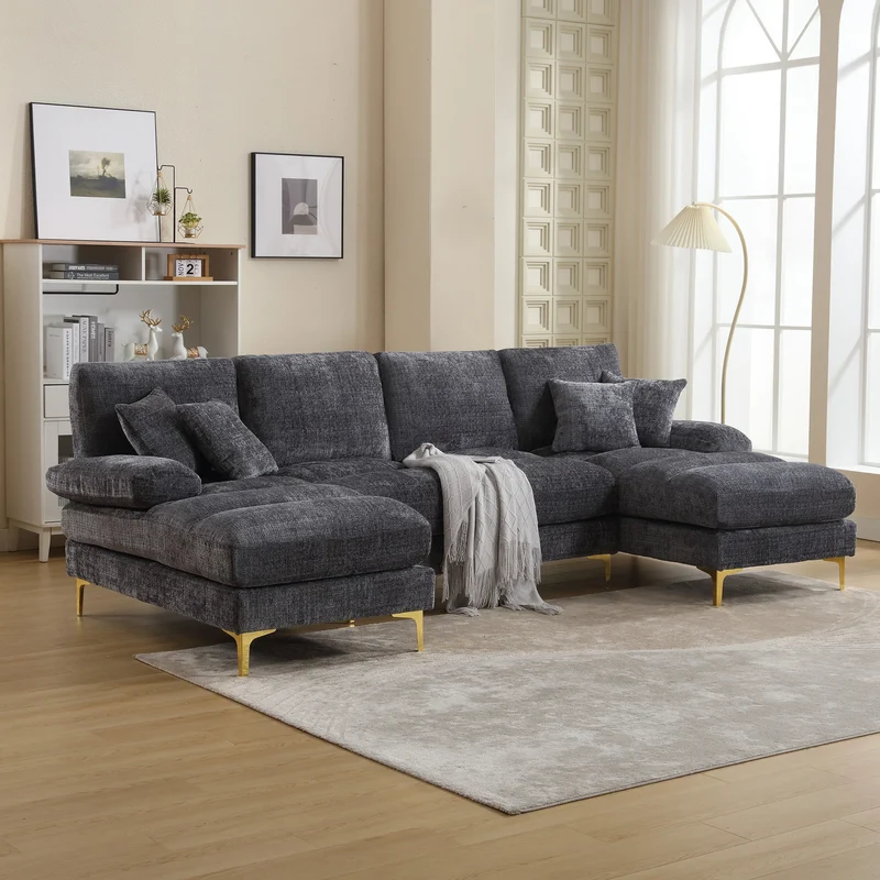 U-Vormige Bank – Hoekbank – Loungebank – Moderne Bank – Chenille Bekleding – Houten Frame – Gouden Metalen Poten
