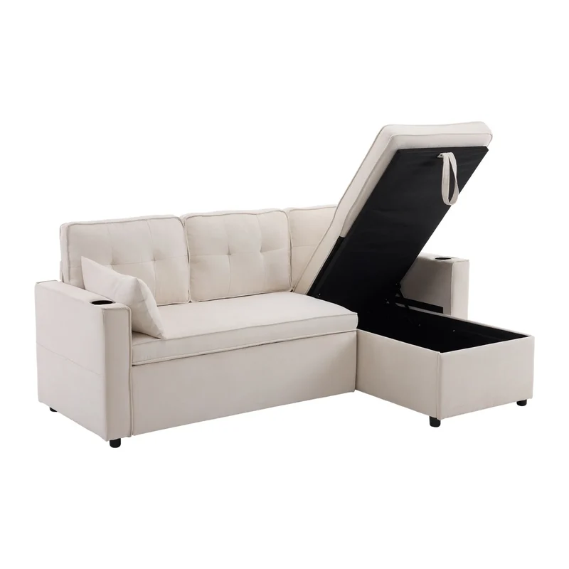 L-vormige Slaapbank – Hoekbank – Bedbank – Slaapbank Met Opbergruimte – 211x130 Cm – Katoen-Linnen Stof – Houten Basis