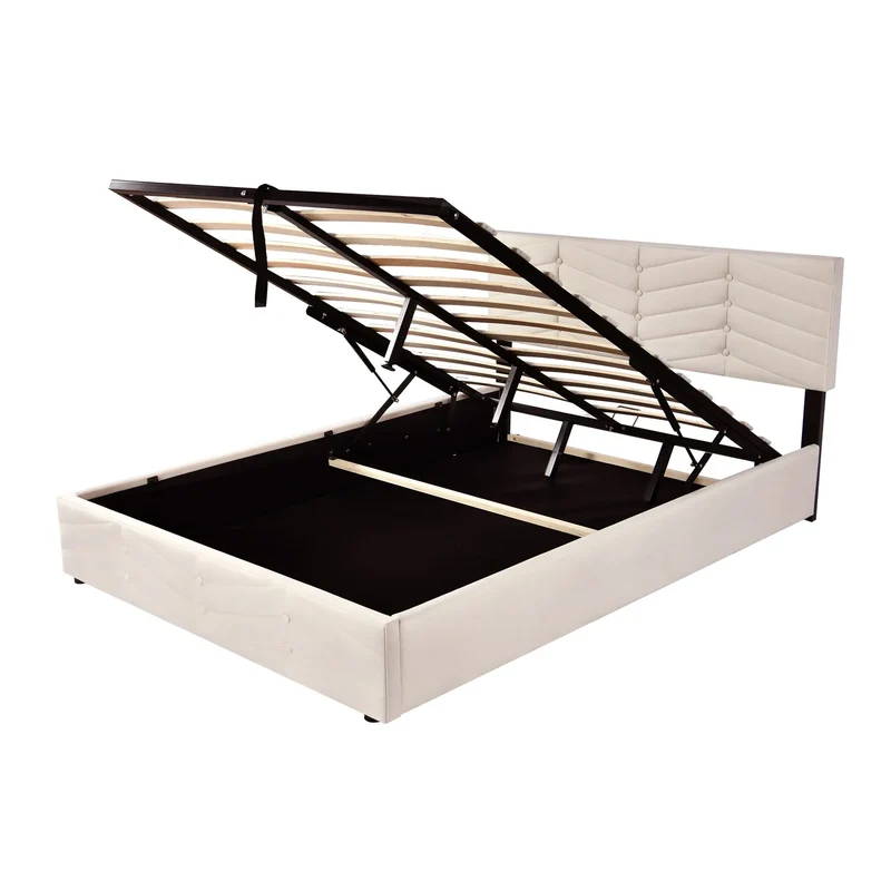 Fluwelen Bed – Velvet Bed – Luxe Bed – Slaapbed – Beige Bed – Verstelbare Hoofdsteun – Robuuste Houten Lattenbodem