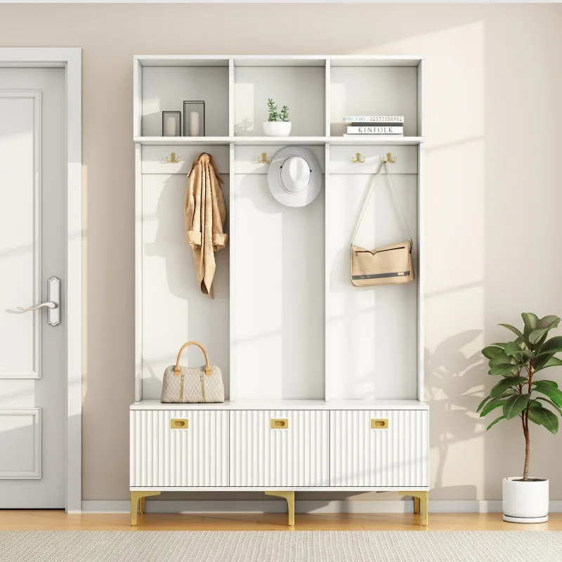 Halmeubel – Garderobekast – Schoenenkast – Opbergmeubel – Entree Meubel – Hoogglans Wit – Gouden Accenten