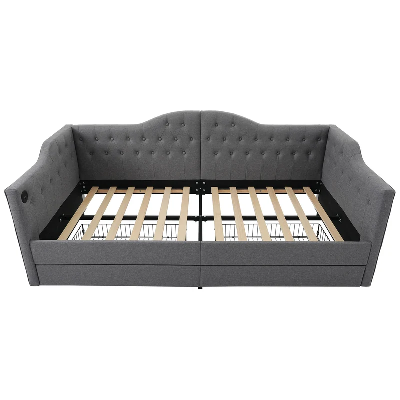 Dagbed – Slaapbank – Bedbank – Kinderbed – Grijs Linnen – Met Opberglades – USB Type-C Poorten
