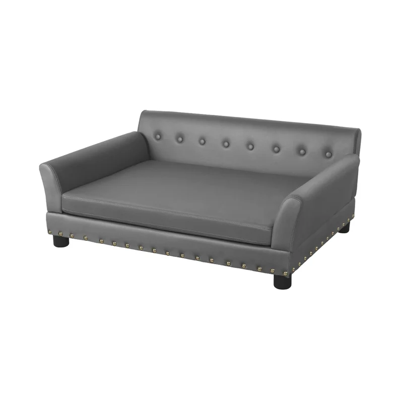 Hondenbank – Honden Sofa – Honden Ligbed – Huisdier Bed – Duurzaam Eucalyptus Hout – Waterafstotende Microfiber Leer - Grijs - Maat L