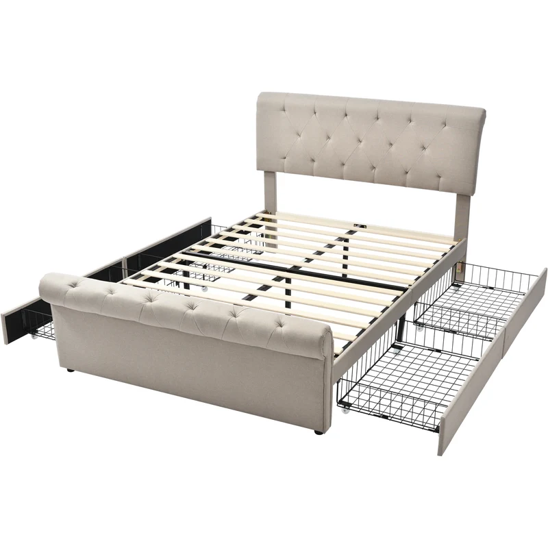 Polsterbed – Tweepersoonsbed – Bed Met Opbergladen – Bed 140x200 Cm – Verstelbaar Hoofdeinde – Huidvriendelijke Linnenstof