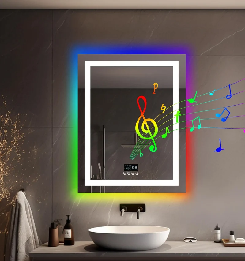 Round/Sqaure RGB LED Bathroom Mirror with Bluetooth Speaker Front-lit and Backlight Wall Dimmable Antifog Vanity Mirror