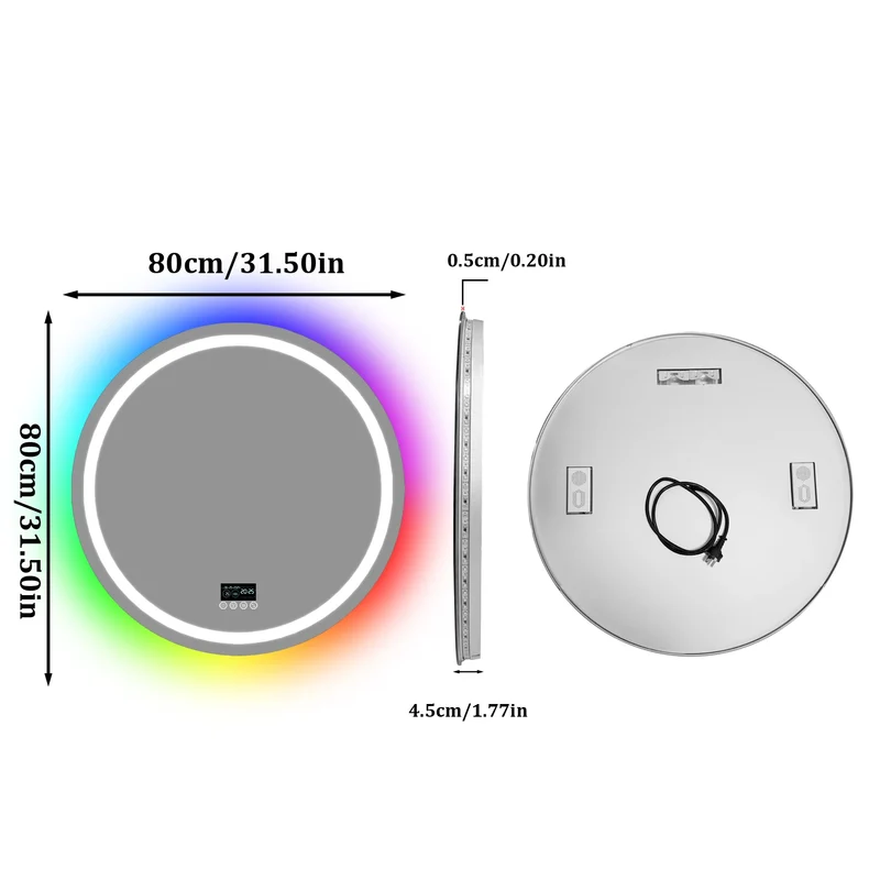 Round/Sqaure RGB LED Bathroom Mirror with Bluetooth Speaker Front-lit and Backlight Wall Dimmable Antifog Vanity Mirror
