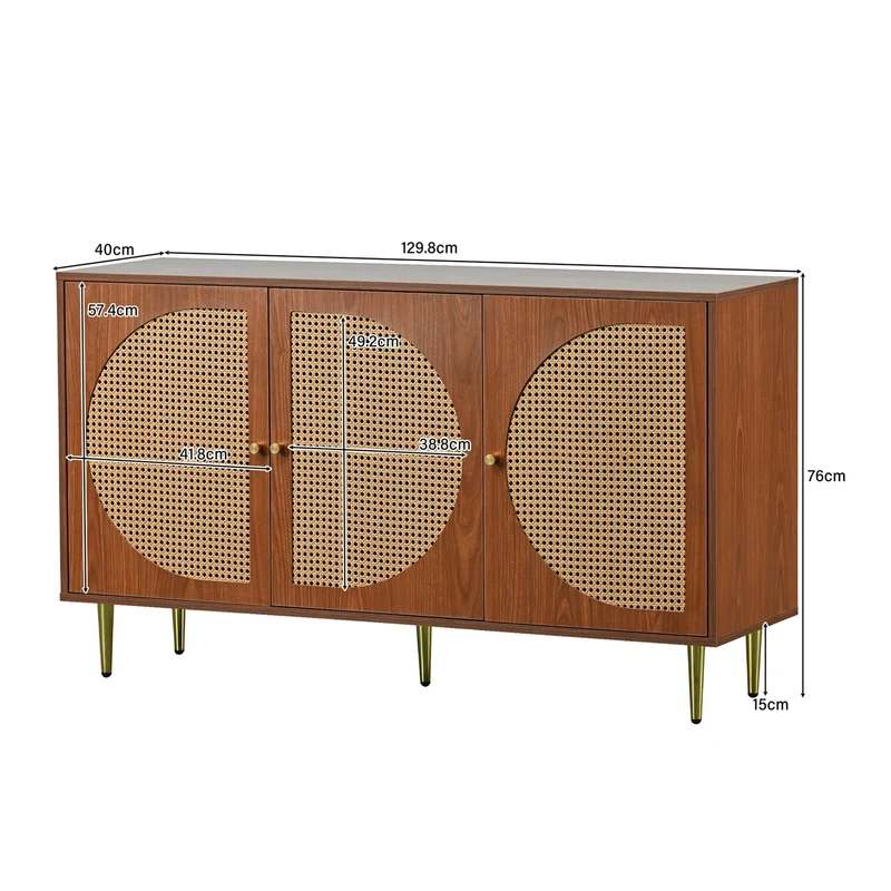 Dressoirkast – Dressoir – Opbergkast – Kast – Rieten Deuren – Walnootkleur – 3 Compartimenten