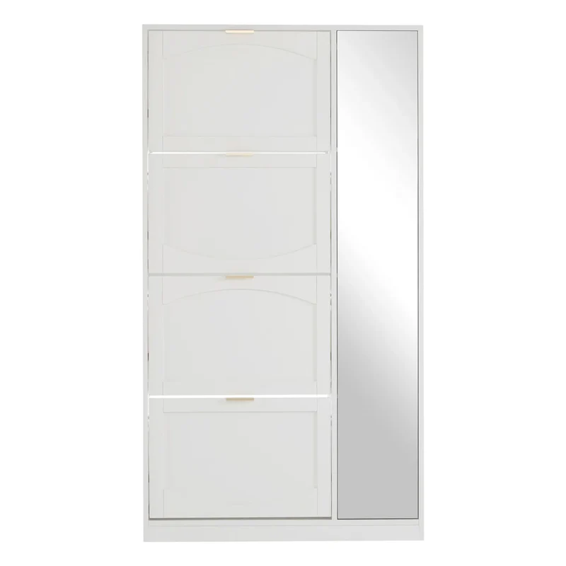 Schoenenkast – Schoenenrek – Schoenopberger – Schoenenmeubel – Spiegeldeur – Vier Uittrekbare Lades – Kantelbeveiliging - 80 x 24 x 147 cm - Wit