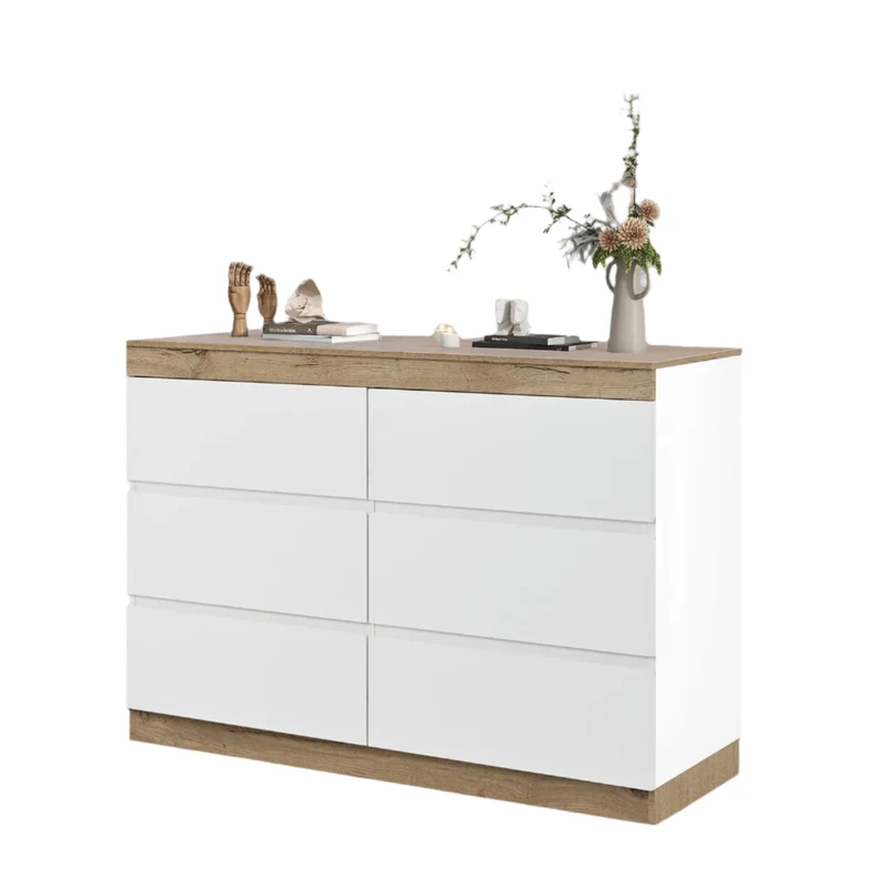 Kast – Ladekast – Opbergkast – Kast Met Laden – Minimalistisch Design – 6 Ruime Lades – E1 Spaanplaat Met Eikenlook - 110 x 40 x 67.5 cm - Wit