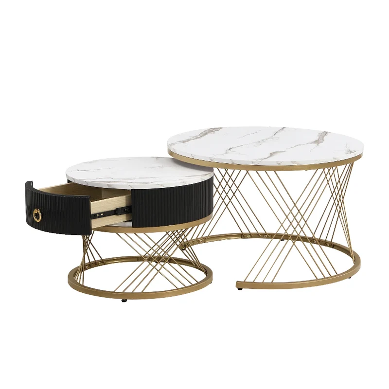 Koffietafel Set – Salontafel – Bijzettafel – Woonkamertafel – Modulaire Tafels – Marmerlook Blad – Gouden Accenten - 78 x 76.5 x 28 cm - Wit & Goud