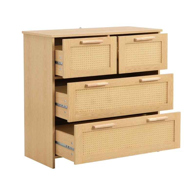 Kast – Opbergkast – Rieten Kast – Meubel – Ladenkast – MDF En Massief Hout – 4 Diepe Lades - 80 x 80 x 38 cm - Houtkleur