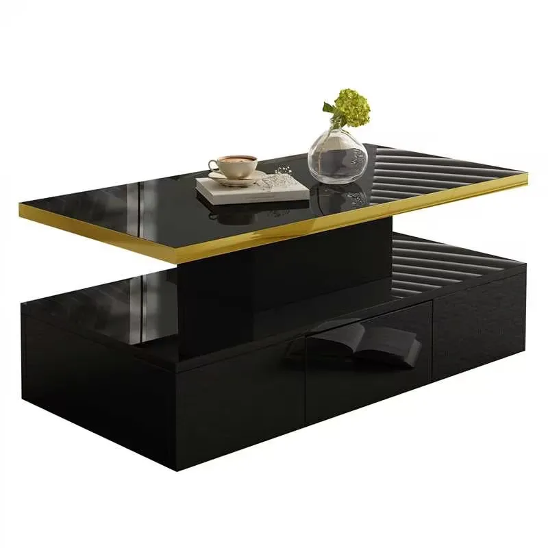 Salontafel – Koffietafel – Woonkamertafel – Tafel Met Lade – Hoogglans Zwart – Twee Niveaus – Compact Met Gouden Rand - 100 x 50 x 38.5 cm - Zwart