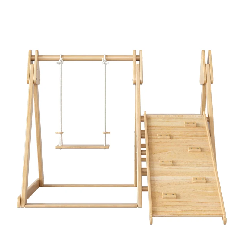 Houten Speeltoestel – Houten Klimtoestel – Houten Schommel – Kinder Speeltoestel – 3-In-1 Design – Instelbare Schommel – Antislip Platform - 124 x 174 x 110 cm - Houtkleur