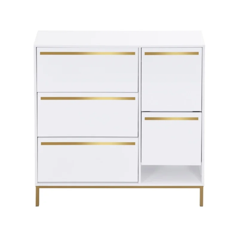 Schoenenkast – Schoenenopslag – Schoenenrek – Schoenenbank – Schoenenmeubel – 15 Tot 22 Paar – MDF Met Gouden Accenten - 105 × 115.5 × 25 cm - Wit