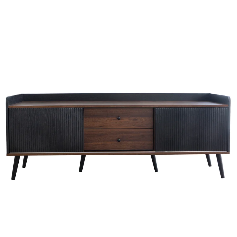 Tv-Kast – Tv-Meubel – Tv-Dressoir – Tv-Stand – 2 Lades – Schuifdeuren – Zwart Met Houtkleur- 160 x 40 x 58 cm