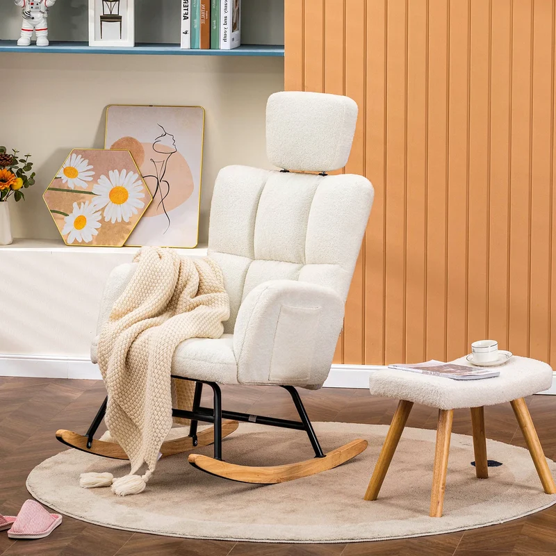 Schommelstoel – Schommelstoel Voor Binnen – Relaxstoel – Woonkamerstoel – Kinderkamerstoel – Ergonomisch Design – Metalen Frame - Beige met Hocker