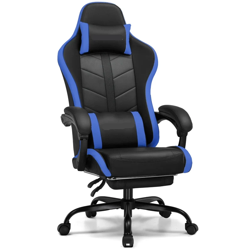 Ergonomische Gaming- & Bureaustoel – Game Stoel – Bureaustoel – Werkstoel – Relaxstoel – Verstelbare Rugleuning – Uittrekbare Voetensteun - Blauw