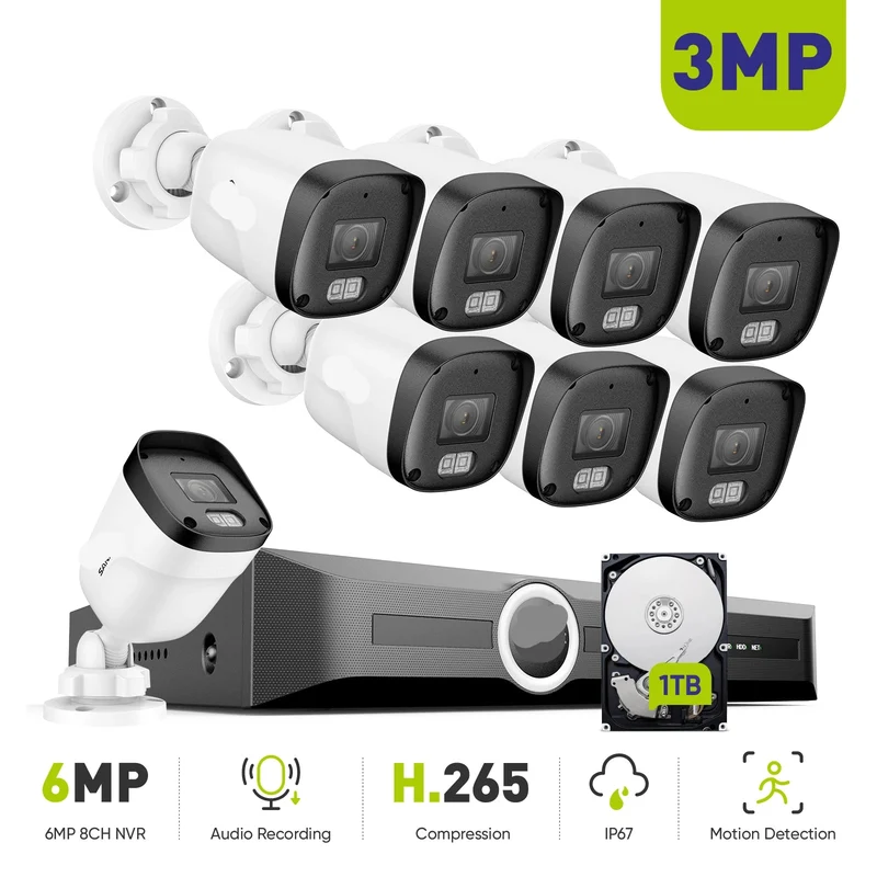 Complete 8-Kanaals IP Beveiligingsset – Beveiligingssysteem – Camerasysteem – CCTV Set – 3MP Camera’s – Nachtzicht Tot 30 Meter – PoE Recorder - Ingebouwde HDD: 2T