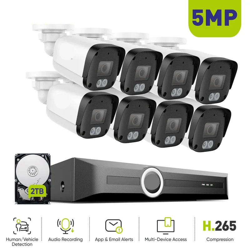 8-Kanaals Beveiligingsset – Beveiligingscamera Set – IP Camera Systeem – CCTV Camera Set – 5MP Beeldkwaliteit – Nachtvisie Tot 30 Meter – Weerbestendig IP67 - Ingebouwde HDD: Geen