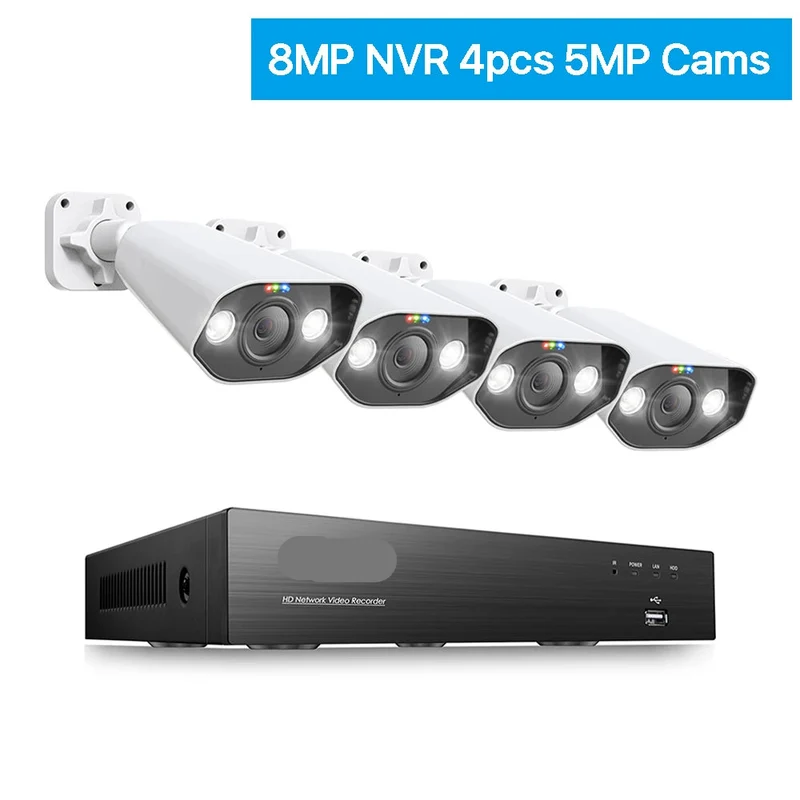 4K Beveiligingssysteem – IP Camera Systeem – Ultra HD Beveiliging – Nachtzicht Camera – PoE Installatie - 4 Stuks - 5MP Camera – Ingebouwde HDD: Geen
