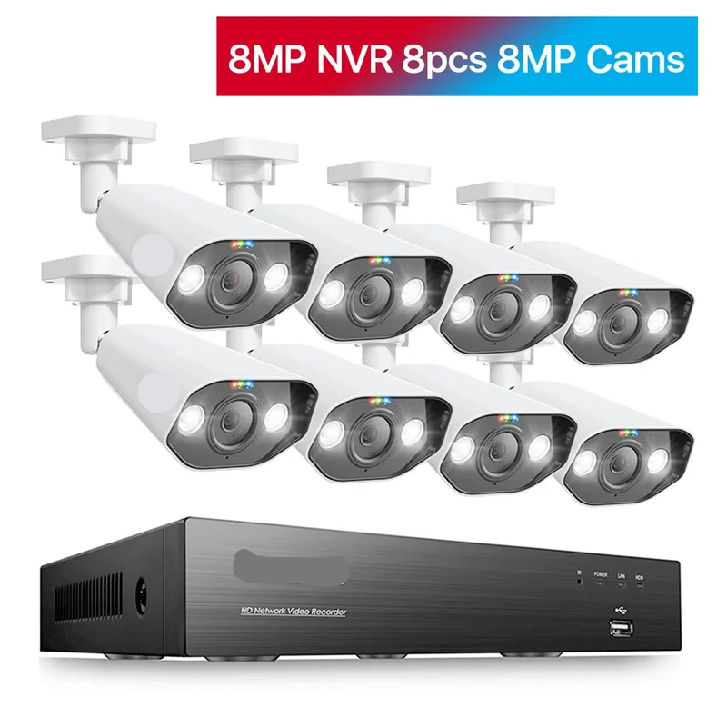 4K Beveiligingssysteem – IP Camera Systeem – Ultra HD Beveiliging – Nachtzicht Camera – PoE Installatie - 8 Stuks 8MP Camera – Ingebouwde HDD: Geen