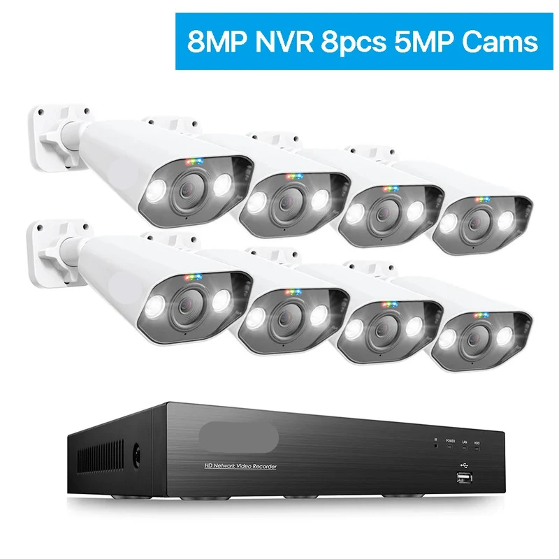 4K Beveiligingssysteem – IP Camera Systeem – Ultra HD Beveiliging – Nachtzicht Camera – PoE Installatie - 8 Stuks 5MP Camera – Ingebouwde HDD: Geen