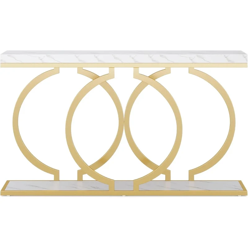 Console Tafel – Sidetable – Haltafel – Wandtafel – Marmeren Blad – Metalen Frame – 153 x 37.5 x 19.5 cm - Wit and Goud