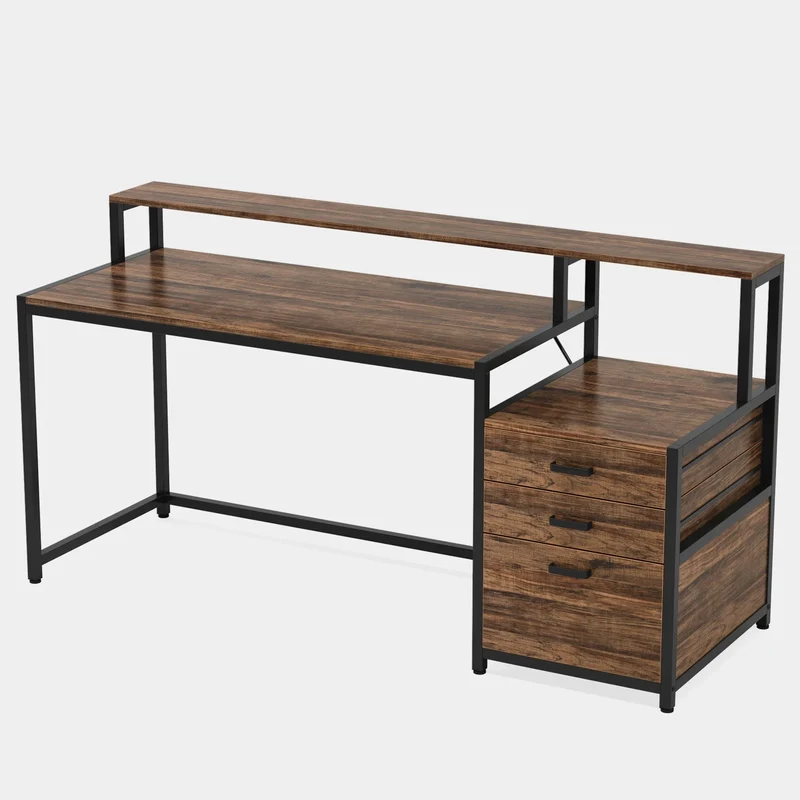 Computerbureau – Bureau – Werkplek – Bureau Met Opbergruimte – Ergonomisch – Berkenhout Met Metalen Frame – Verhoogde Monitorstandaard - 160 x 50 x 90 cm - Bruin