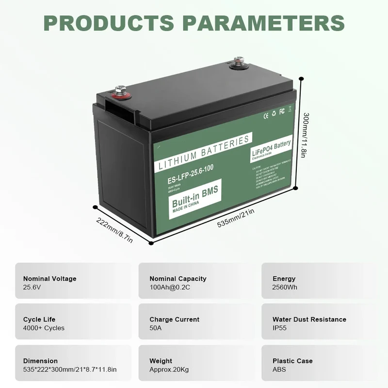 LiFePO4 Accu – Oplaadbare Batterij – Elektrische Accu – Zonnepaneel Accu – Camper Accu – 100Ah Capaciteit – IP56 Waterbestendig - 25.6V 100AH 2560WH