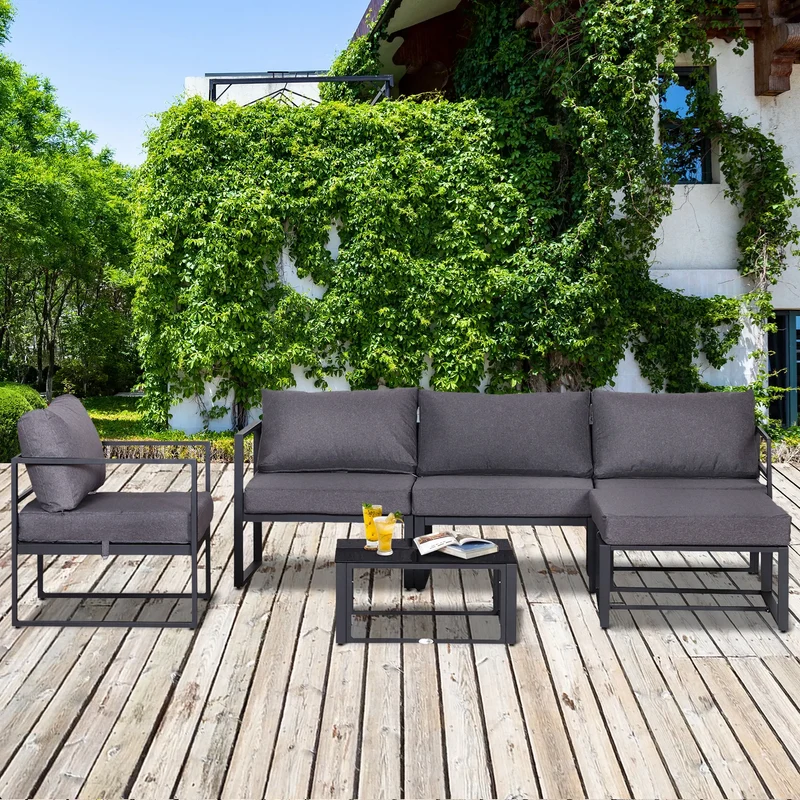 Loungeset Buiten – Tuinmeubelen – Balkonset – Zithoek – Aluminium Frame – Waterbestendige Kussens – Geharde Glazen Tafel