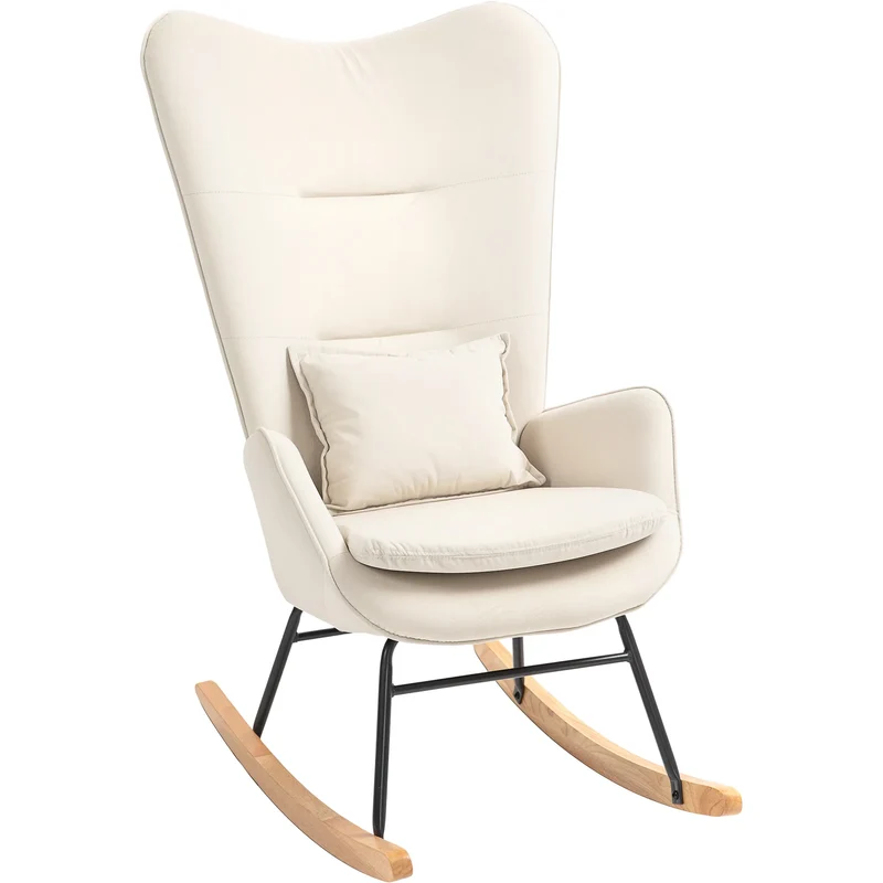 Schommelstoel – Relaxstoel – Loungestoel – Schommelzetel – Velours Bekleding – Ergonomische Rugleuning – Houten Poten - 67 x 85 x 112 cm - Crèmewit