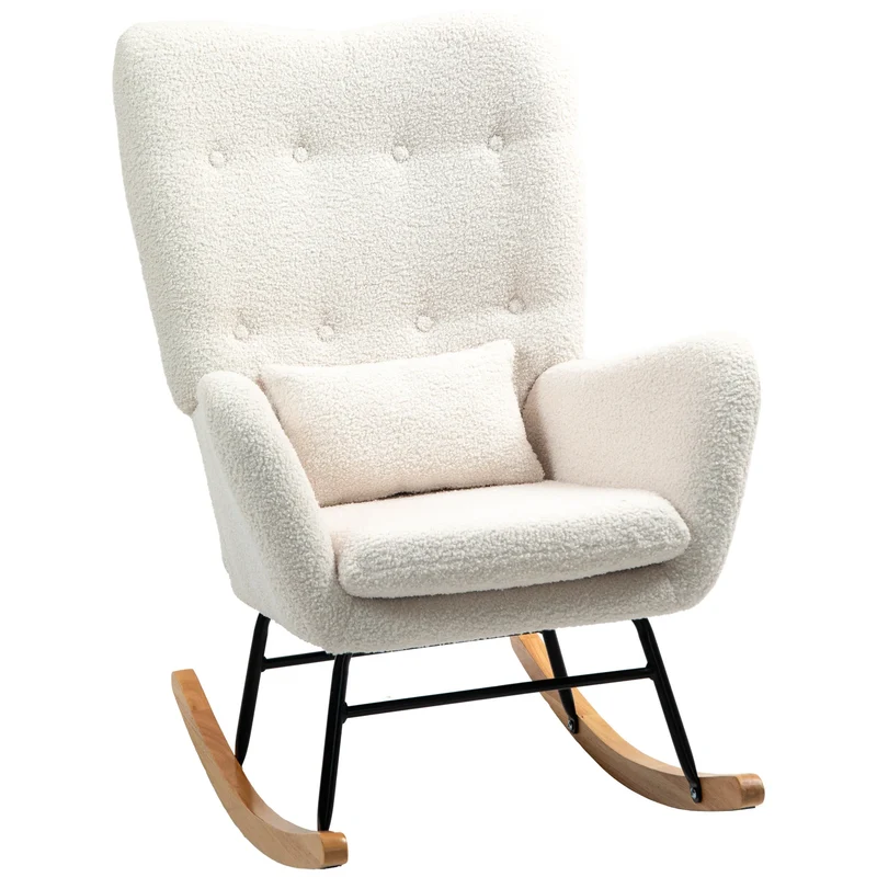 Schommelstoel – Relaxstoel – Schommelstoel Voor Binnen – Lounge Stoel – Teddy Stof – Verstelbare Schommelhoek – Metalen Frame - 69 x 92 x 100 cm - Crèmewit