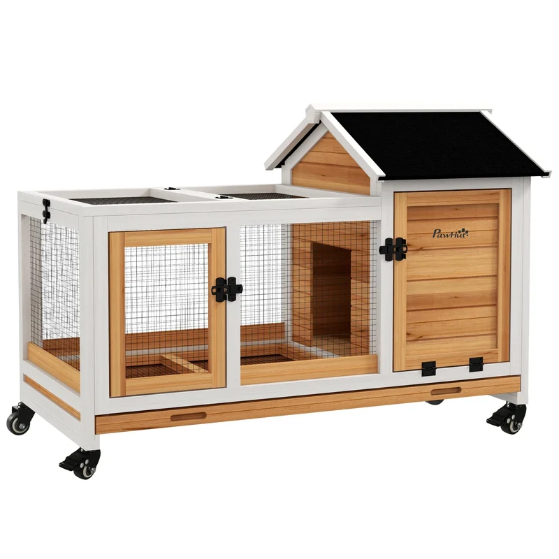 Konijnenkooi – Caviakooi – Huisdieren Kooi – Kleine Dieren Verblijf – Stevig Hout – Uitneembare Tray - 108 x 58 x 73.5 cm - Natuurlijk Hout
