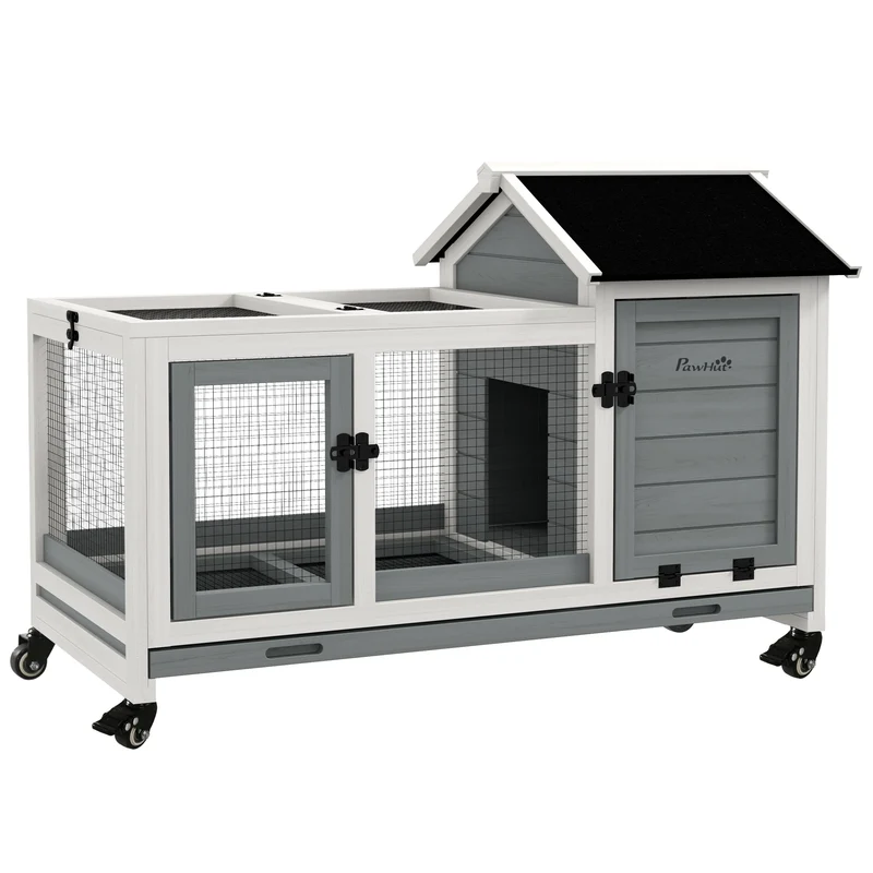 Konijnenkooi – Caviakooi – Huisdieren Kooi – Kleine Dieren Verblijf – Stevig Hout – Uitneembare Tray - 108 x 58 x 73.5 cm - Grijs