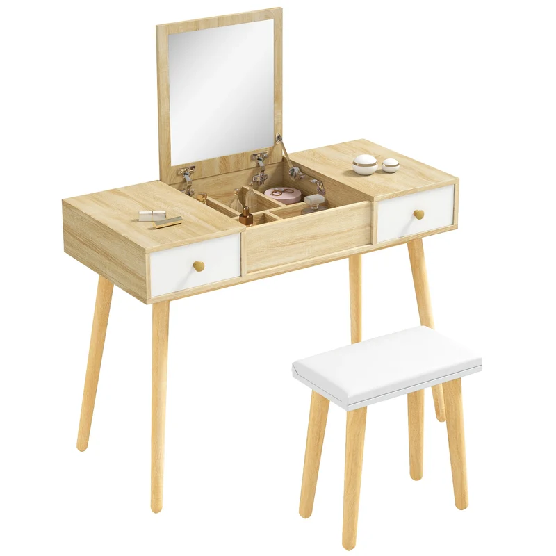 Kaptafel – Make-Up Tafel – Schminktisch – Slaapkamermeubel – Opbergruimte – 2 Lades – Zachte Kruk - 100 x 45 x 118 cm