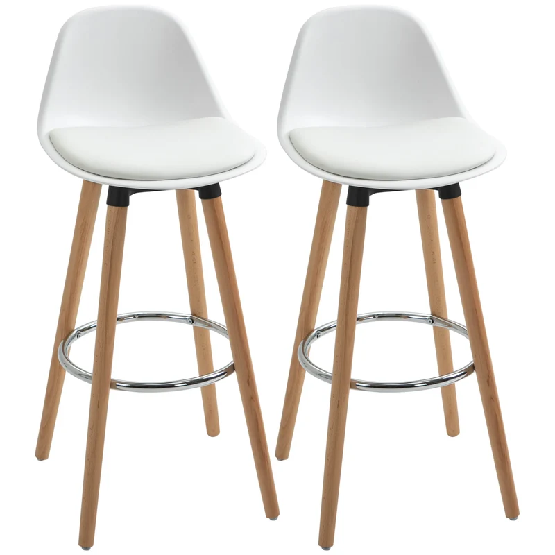 Barkrukken – Set van 2 – Keukenkrukken – Barstoelen – Gepolsterd – Massief Beukenhout – Met Voetsteun - 40 x 42 x 91 cm - Wit