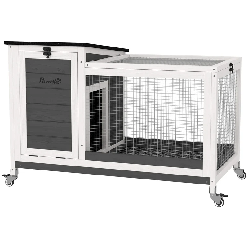 Houten Dierenren – Buitenren – Konijnenhok – Kleine Dierenhok – Waterbestendig Dak – Uitneembare Lade - 91 x 51 x 66 cm - Wit & Donkergrijs
