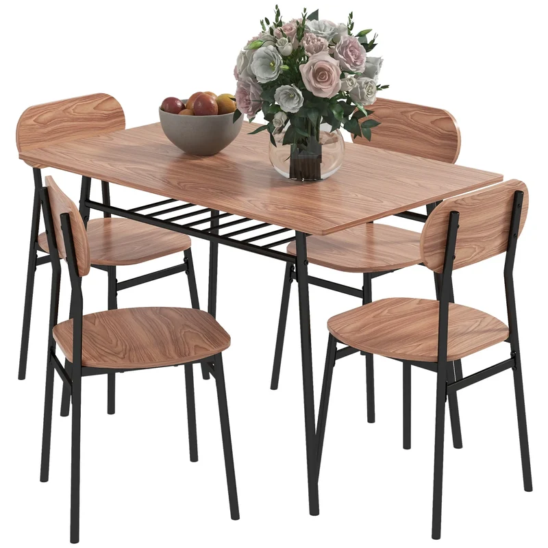 Eettafelset – Eettafel – Tafel Met Stoelen – Eetkamerset – Compacte Set – Metalen Opbergruimte – MDF Tafelblad - 110 x 70 x 75 cm - Teak
